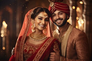 Portrait of a smiling Indian ethnic Bride and Groom wearing  traditional costumes and jewellery