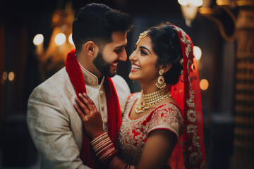 Portrait of a smiling Indian ethnic Bride and Groom wearing  traditional costumes and jewellery - obrazy, fototapety, plakaty