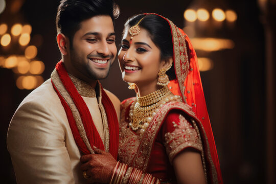 Portrait of a smiling Indian ethnic Bride and Groom wearing  traditional costumes and jewellery