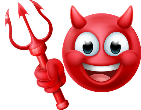A red devil or satan emoji emoticon man face holding a trident, pitchfork or pitch fork cartoon icon mascot.