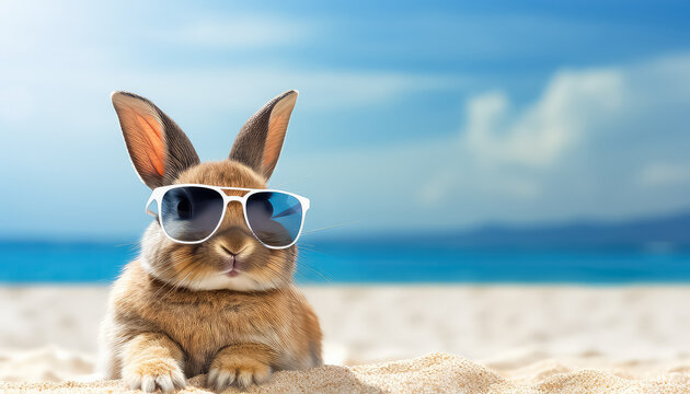 Grey hare in sunglasses on the beach in summer, easter concept
