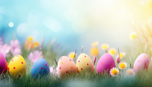 Painted eggs on a floral summer field, easter concept