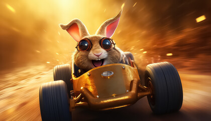 A hare on a racing car and goggles goes fast, easter concept