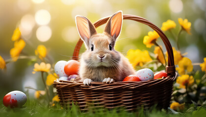 Hare in a wicker basket outdoors in summer, easter concept