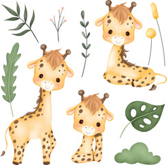 Obraz premium Watercolor Illustration set of baby giraffe and tropical leaves