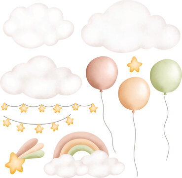 Watercolor Illustration set of cloud star balloon and rainbow