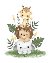 Watercolor Illustration cute baby safari animals sit on green grass and tropical leaves © Stella