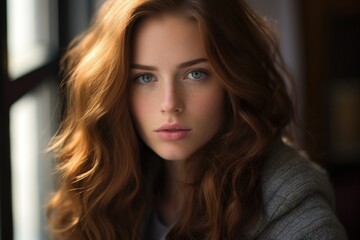 Fototapeta premium Beautiful attractive romantic woman with smooth healthy face skin and curly hair. Dreamy lighting and hazy effect 