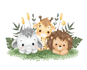 Obraz na płótnie Canvas Watercolor Illustration cute baby safari animals sit on green grass and tropical leaves