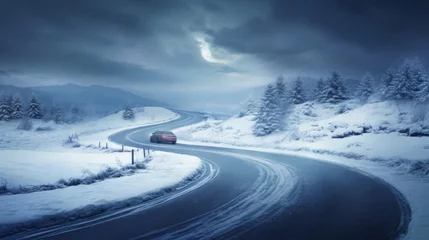 Fotobehang Snowy and frozen curving winter road with a moving car on it. © Emil