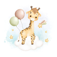 Watercolor Illustration cute baby giraffe on cloud with balloons and stars