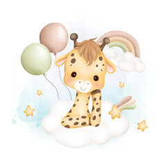 Watercolor Illustration cute baby giraffe on cloud with balloons and stars