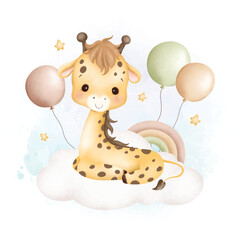 Watercolor Illustration cute baby giraffe on cloud with balloons and stars