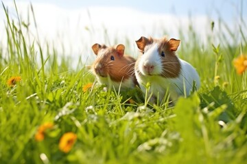 guinea pigs foraging on a grass field