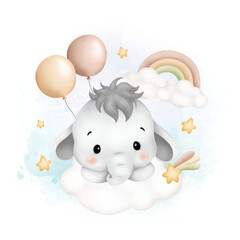 Watercolor Illustration cute baby elephant on cloud with balloons and stars