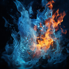 Fotografia con detalle de fuego con parte de las llamas congeladas, sobre fondo de tonos oscuros - obrazy, fototapety, plakaty