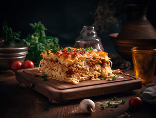Delicious lasagna  on a wooden board, decorated with herbs and vegetables. Photorealistic illustration. AI generated.