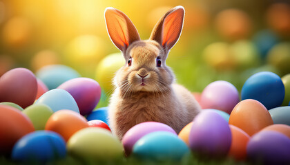 Fototapeta na wymiar Brown hare and colorful eggs, easter concept