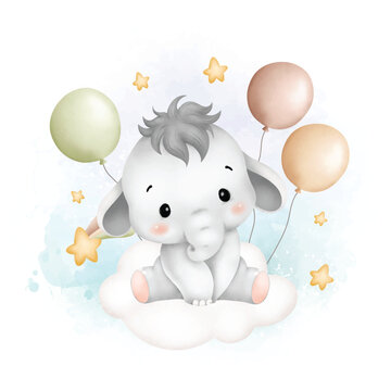 Watercolor Illustration cute baby elephant on cloud with balloons and stars