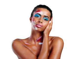 Woman, portrait and abstract paint for makeup or art deco design cosmetic, creative or isolated on transparent png background. Female person, face as unique color or editorial, inspiration or pattern