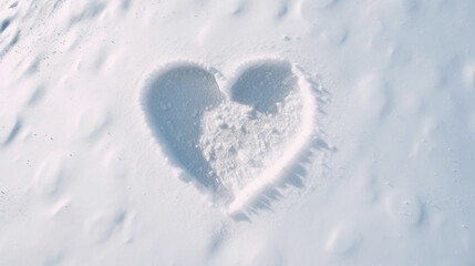 overhead view of heart drawn in pure white fresh snow