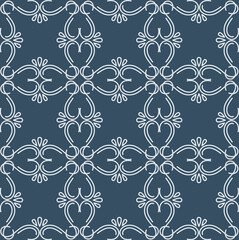 Geometric line seamless pattern in dark blue and white colors. Vector illustration.