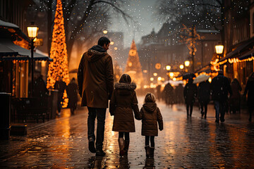 Father with daughters dusted with snow walk along street decorated for Christmas on winter evening - obrazy, fototapety, plakaty