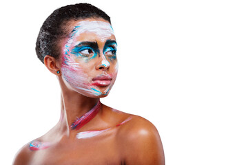 Woman, makeup and art creative abstract for cosmetic transformation, pattern or isolated...