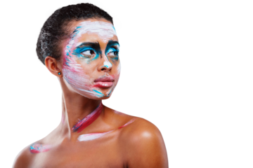 Woman, makeup and art creative abstract for cosmetic transformation, pattern or isolated transparent png background. Female person, unique color and expression, editorial inspiration as face paint