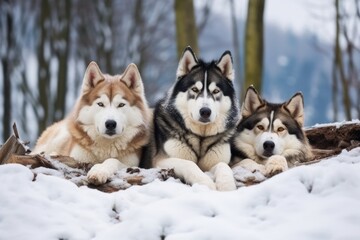 husky dogs resting in the snow