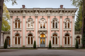 Fototapeta na wymiar symmetrical exterior shot of italianate building with rounded windows