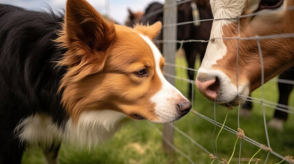 Close-up shot of an Icelandic dog looking at a cow behind the fence, border collie dog