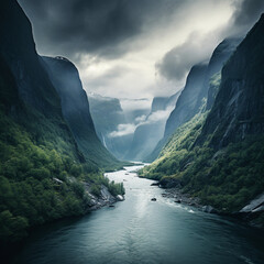 Fotografia con detalle de paisaje natural de rio entre grandes acantilados con vegetación - obrazy, fototapety, plakaty