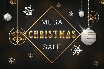 Christmas sale banner. Background Xmas design of sparkling lights with white and golden snowflakes and glitter balls. Vector illustration.