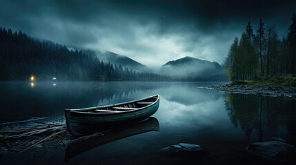 A Boat on the Lake at Sunset with fog  Landscape background, calm	 - obrazy, fototapety, plakaty