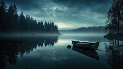 A Boat on the Lake at Sunset with fog  Landscape background, calm	