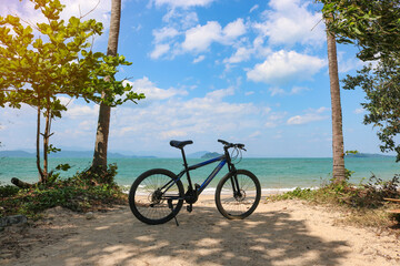 Bicycle against the backdrop of the tropical sea. The concept of active recreation, vacation and...