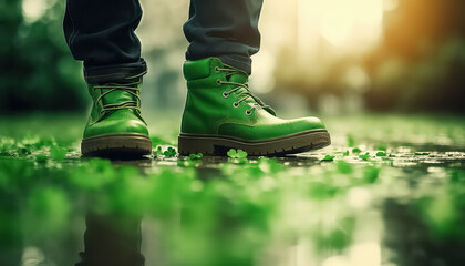 Men's Autumn Boots and Clover, concept St.Patrick 's Day - obrazy, fototapety, plakaty