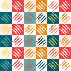 A simple abstract seamless pattern with diagonal lines on the background of a multicolored grid of squares. Ethnic bright print. Vector graphics.