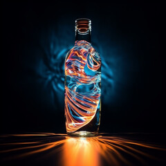 Fotografia con detalle de botella de cristal con formas sinuosas y reflejos de luz de colores en su interior