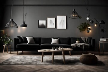 black sofa and cozy lights in the living room