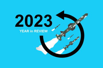 Year in review. The War on 2023. Missile sign icon. Vector illustration.