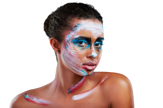 Woman, portrait and paint art for cosmetic makeup or abstract design, creative or isolated on transparent png background. Female person, face and unique color for expression, inspiration or editorial