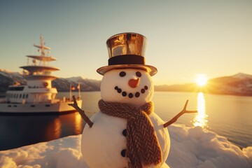 Close up of snowman figurine on a deck of a cruise ship, with hat and scarf. Concept of winter cruising joy, play and fun. Golden hour colors of afternoon sky or sunset background with copy space - obrazy, fototapety, plakaty
