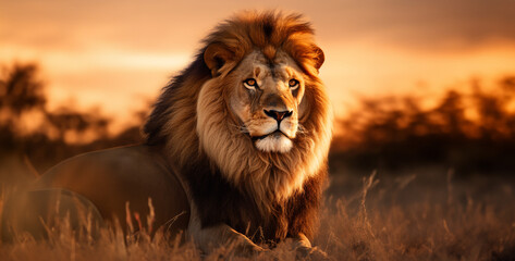 lion in the sun, lion full front facing in safari at suns. Generative Ai content