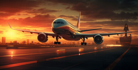 Futuristic airliner taking off from airport sunset photo, airplane landing at sunset. Generative Ai...