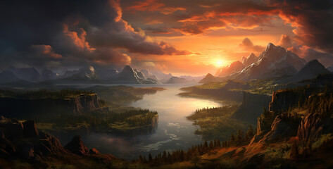 a rugged yet beautiful landscape that depicts the end, sunset over the lake. Generative Ai content