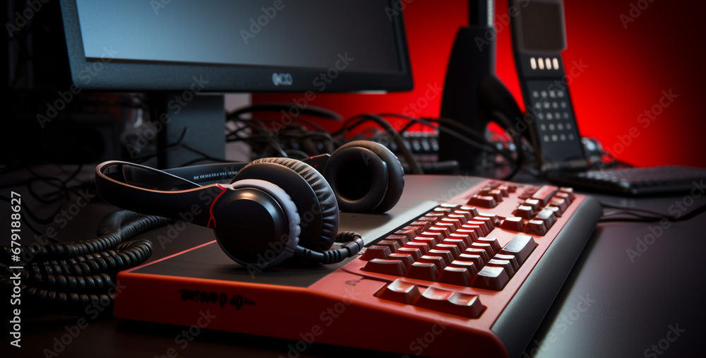 Poster gaming keyboard and headset red and black on desk. , keyboard and mouse on desk. generative ai conte