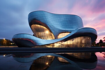 neo-futuristic architecture of a building with curved glass accents