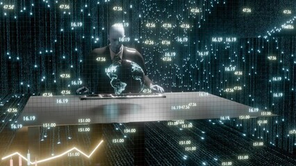 A techno engineer performs analysis on a supercomputer in a futuristic server room. fiber optics background with lots spots.